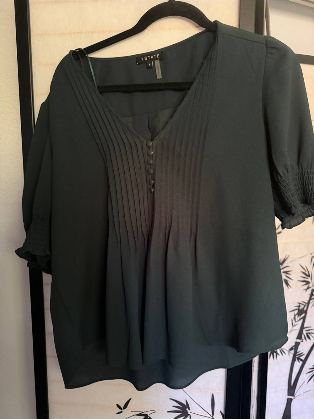 1. State Forest Green Pleated V-Neck Blouse